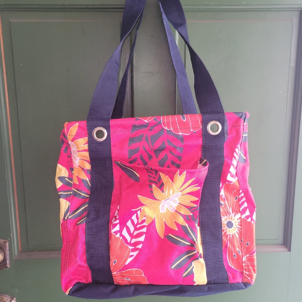 Red and Yellow Tropical Tote Bag with Floral Design